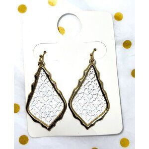 Gold & White Filigree Teardrop Earrings Lightweight Jewelry